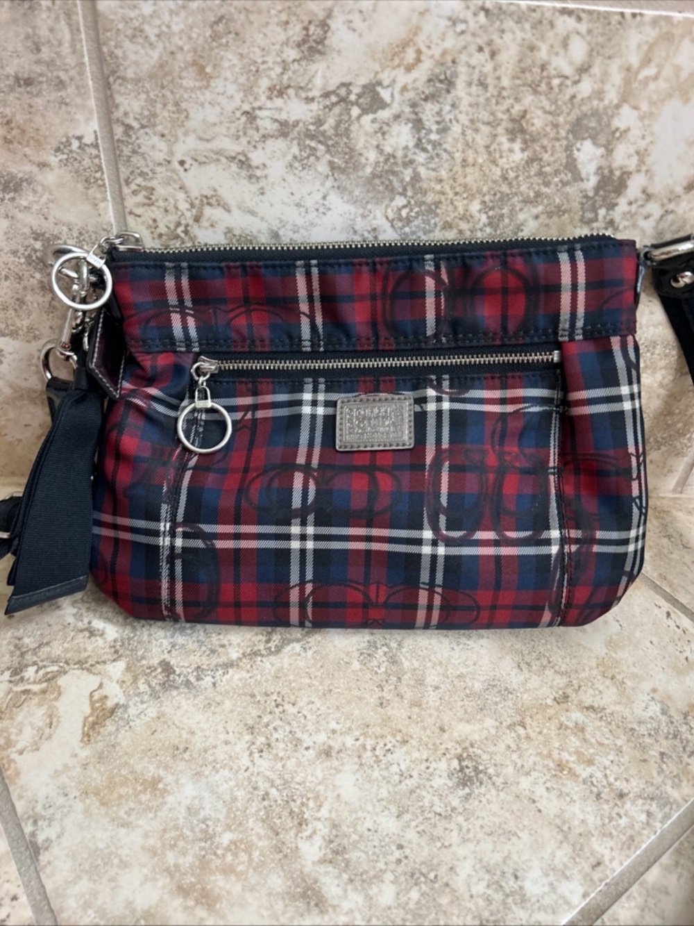 Coach Poppy Tartan Plaid Sparkly Mini Bag Purse Crossbody Bag Red Black